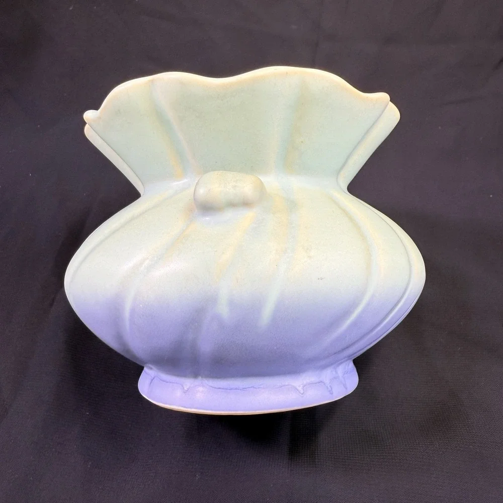 Vintage WELLER Vase Signed Since 1872 Pottery Blue Green Glaze‎ Handles